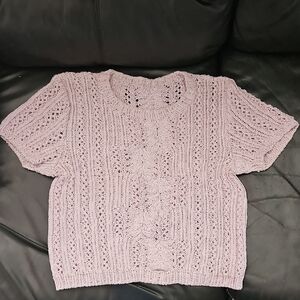 Vintage Sz Small Hand Woven Lavender  Short Sleeve Intricate Knit Top Crew Neck